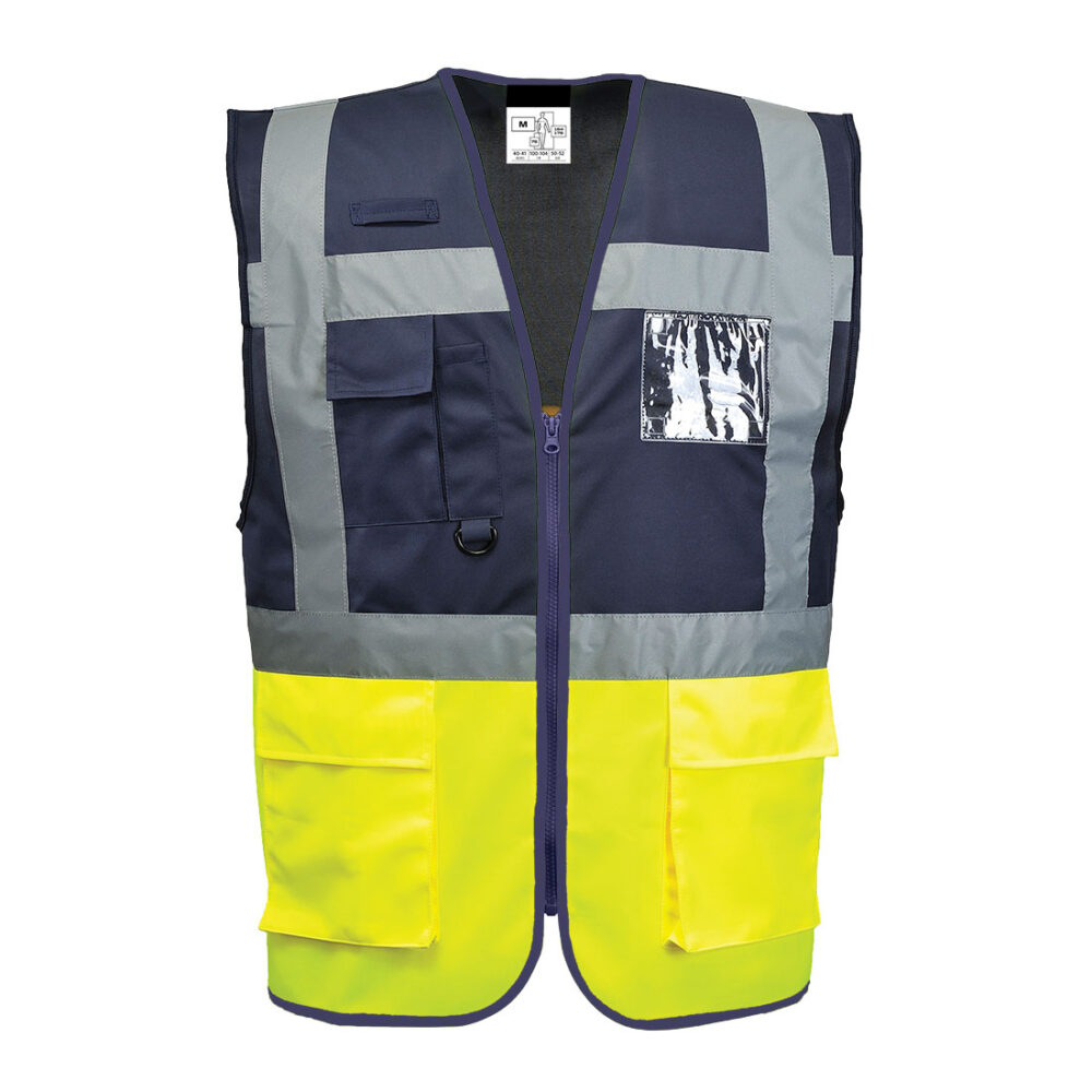 100% Polyester, Warp Knit Custom logo Hi-Vis Contrast Executive Vest Yellow/Navy