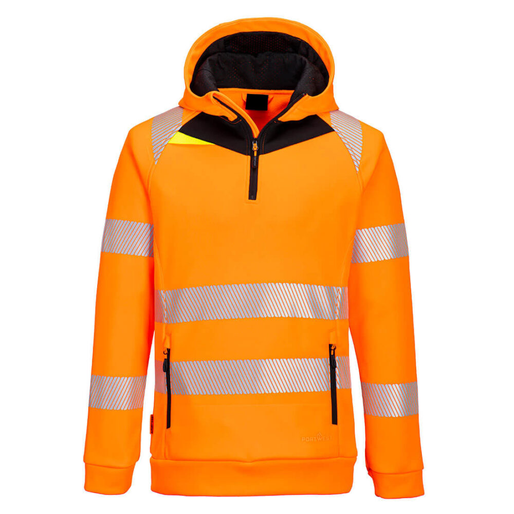 Private Label Hi-Vis 1/4 Zip Hoodie Orange/Black Premium Breathable Fabric