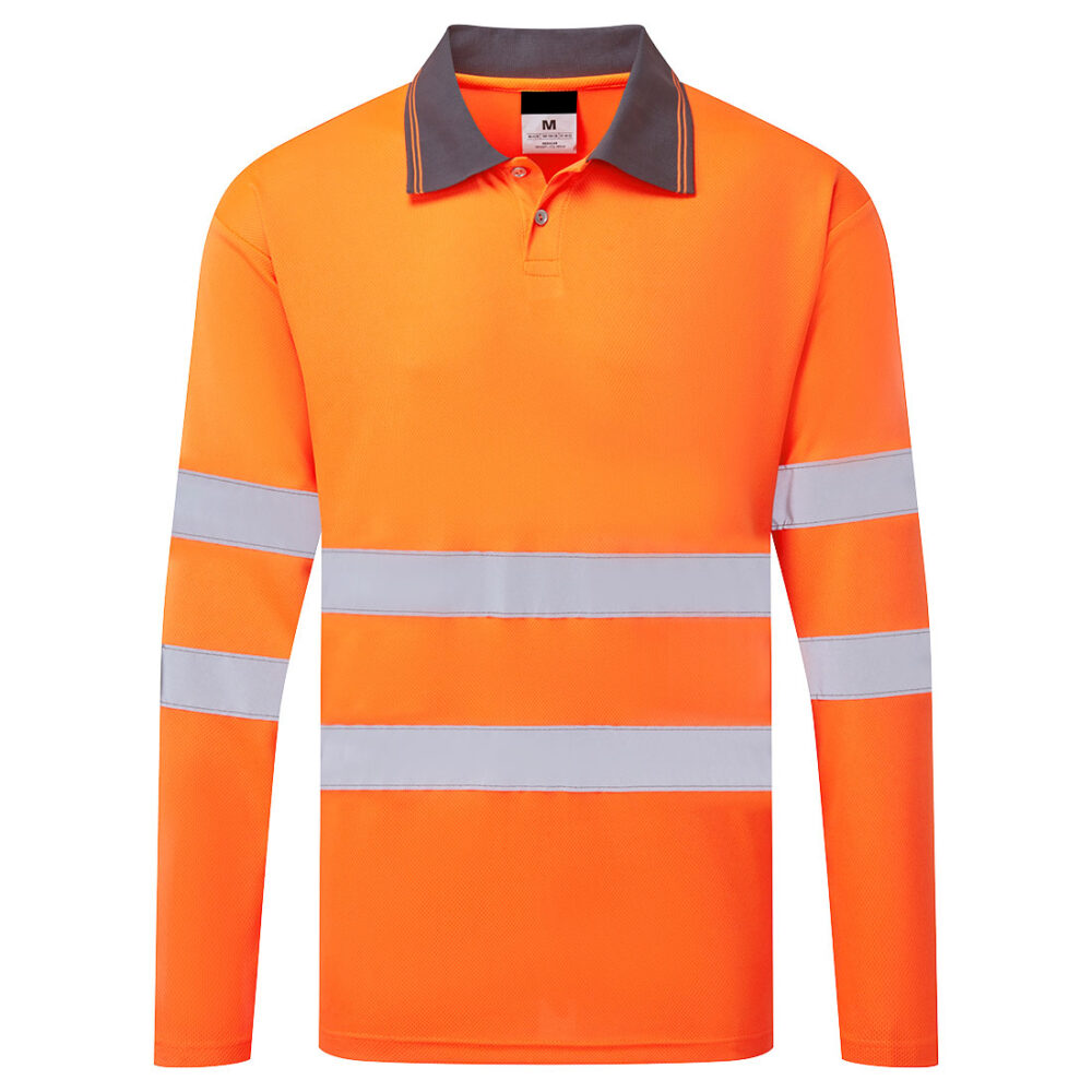 Long Sleeve Custom Hi-Vis Polo Shirt Orange Breathable Material