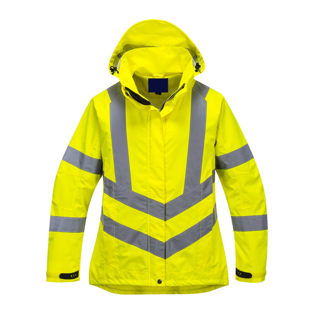 Fully Customized Hi-Vis Women's Breathable Rain Jacket Yellow 2 side Zip pockets for Secure Storage