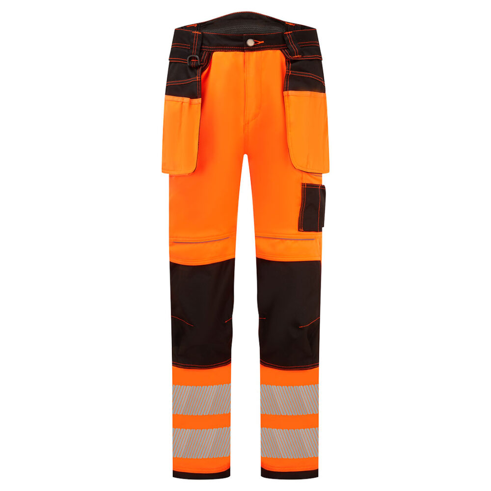Private Label Hi-Vis Stretch Holster Pocket Trousers Orange/Black 2 Way Twill Stretch