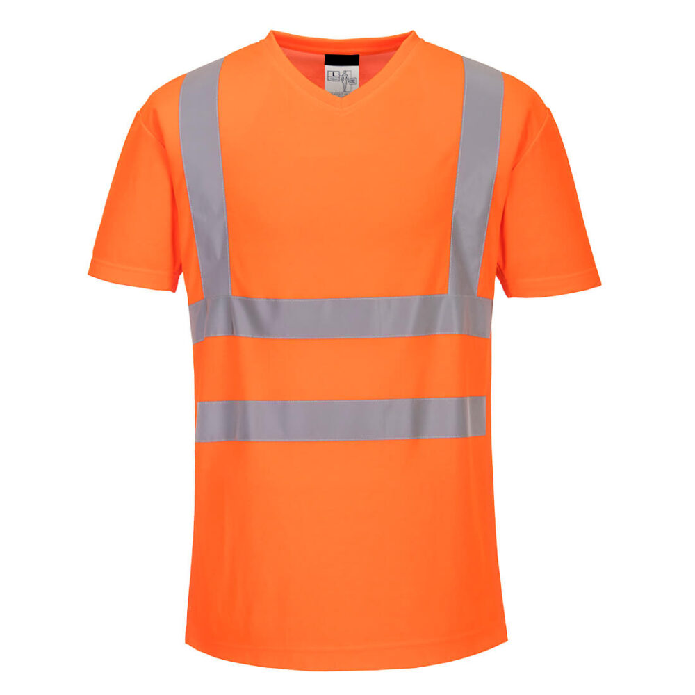 Short Sleeve Custom Logo Hi-Vis Cotton Comfort Mesh Insert V-neck T-Shirt Orange